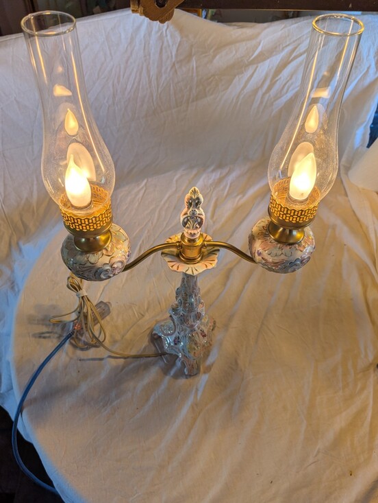 Vintage Other - Vintage Porcelain Double Hurricane Lamp with Pink Floral and Gold Accents